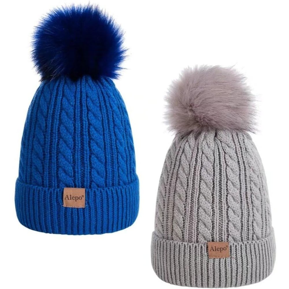 Kids Winter Beanie Children's Warm Fleece Lined Knit Thick Ski Cap with Pom